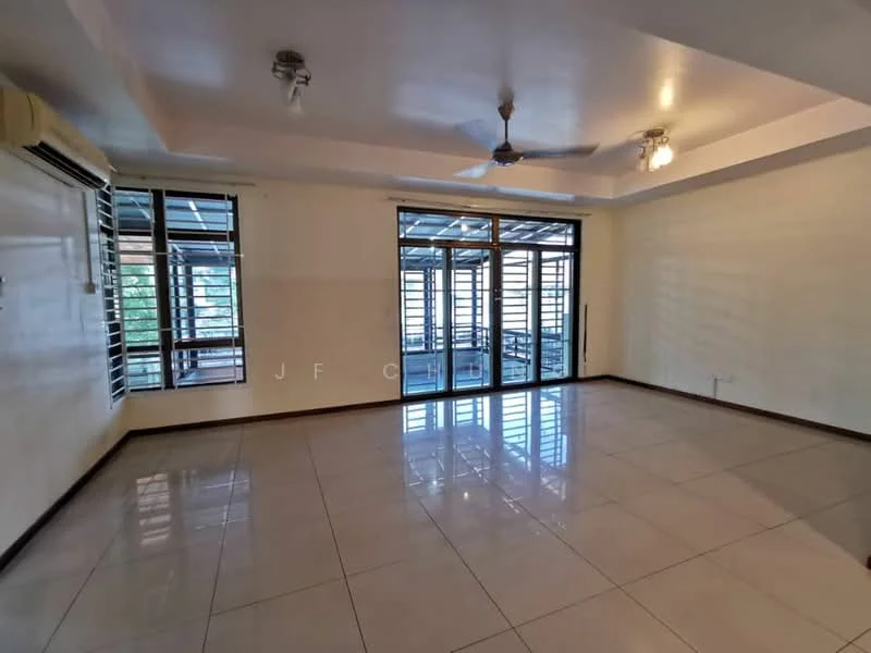 Living features: white painted walls, polished tile flooring, tray ceiling, 5-blade ceiling fan with light, floor-to-ceiling windows, sliding glass door, window treatments with horizontal slats, natural light from multiple sources, open layout, access to outdoor balcony; style: modern; view: garden.