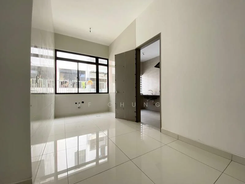 Room features: white painted walls, glossy ceramic tile flooring, large windows, door leading to another room, neutral color scheme, recessed ceiling light, open layout, no visible furniture; style: modern.