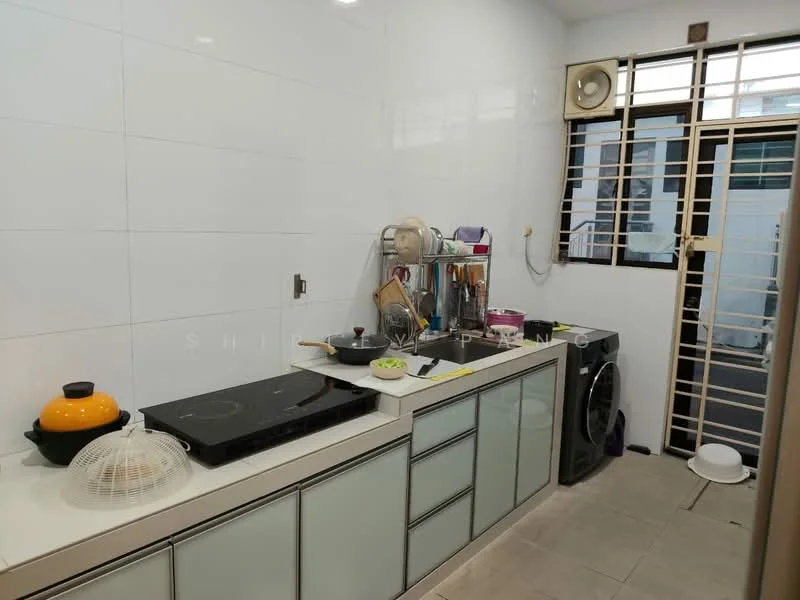 Kitchen features: white tiled walls, grey tiled flooring, kitchen cabinets with glass fronts, black countertop, built-in gas hob, stainless-steel sink, chrome faucet, washing machine, refrigerator, window with security bars, open shelving, kitchen utensils on countertop, fruit bowl; style: modern.