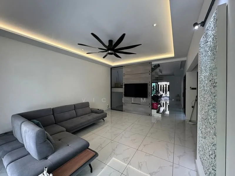 Living features: grey fabric sectional sofa, marble tile flooring, recessed LED downlights, 5-blade ceiling fan with light, wall-mounted TV, feature wall with wood paneling, large glass sliding door, decorative wall with stone cladding; style: modern.