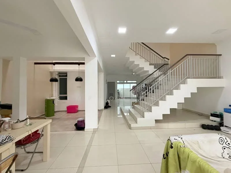 Room features: white painted walls, tile flooring, staircase with metal railing, recessed downlights, open layout, large windows, dining table, exercise equipment, green storage bin, pink storage bin; style: modern.