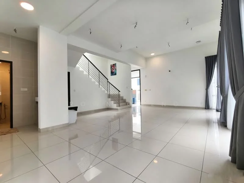 Living features: glossy tile flooring, white painted walls, recessed downlights, large windows with sheer curtains, open layout, staircase with metal railing, ceiling with exposed beams, wall-mounted artwork, corner for potential furniture arrangement; style: modern.