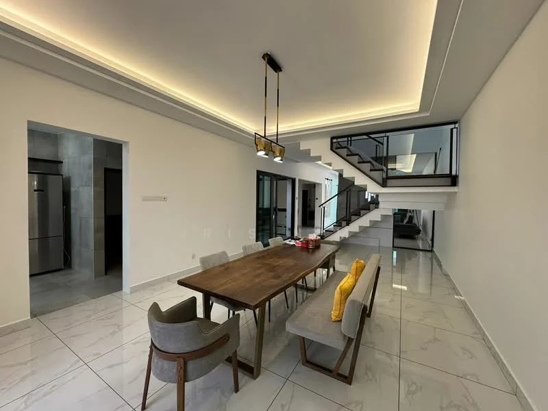 Dining features: rectangular wooden dining table, 6 upholstered dining chairs, pendant lighting above table, white painted walls, marble tile flooring, recessed LED downlights, open-plan layout, staircase with black railing, large windows for natural light; style: modern. Kitchen features: stainless-steel fridge visible, grey cabinetry, open layout to dining area; style: modern.