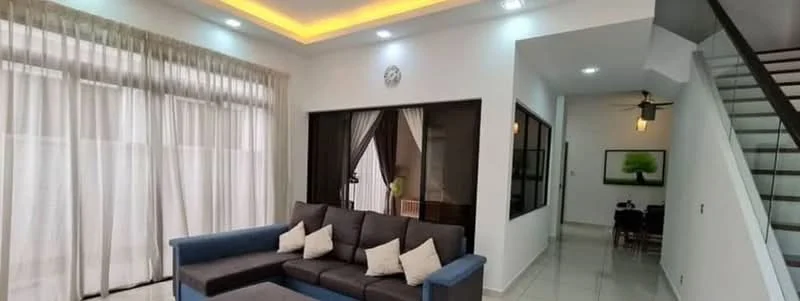 Living features: 3-seater fabric sofa in grey, blue accent sofa, coffee table, floor-to-ceiling windows with sheer curtains, recessed LED downlights, tray ceiling with ambient lighting, white painted walls, glossy tile flooring, wall clock, decorative wall art; style: modern. Room features: staircase with metal railing, open space leading to dining area.
