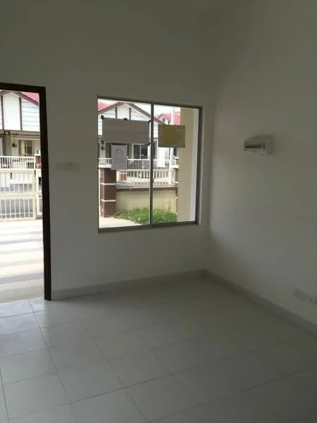 Room features: white painted walls, tile flooring, floor-to-ceiling window, wall-mounted split AC, window with view of exterior, neutral color scheme; view: garden.
