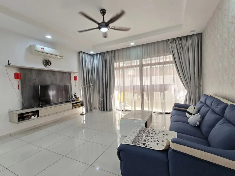 Living features: 3-seater fabric sofa in blue, white coffee table, wall-mounted TV, TV console with storage, floor-to-ceiling windows, sheer curtains, grey drapes, ceiling fan with light, recessed downlights, decorative wall with floral pattern, white tiled flooring, decorative items on console; style: modern.