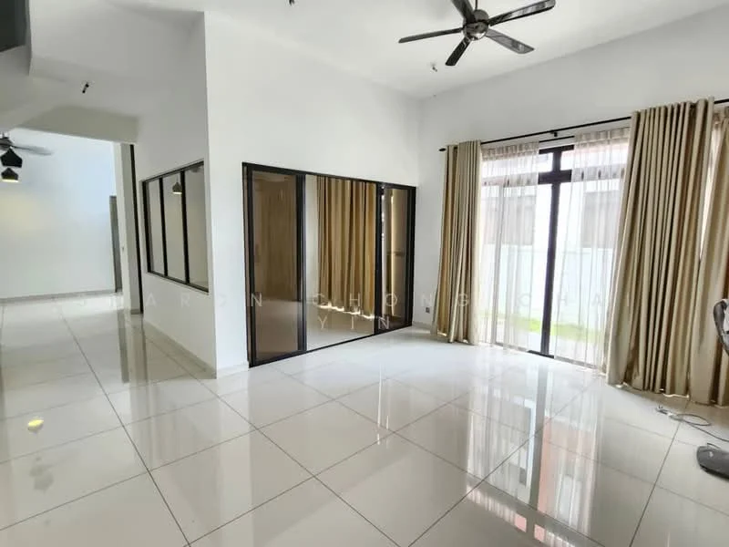Living features: white painted walls, polished ceramic tile flooring, 5-blade ceiling fan with light, floor-to-ceiling windows, sheer curtains, sliding glass door, natural light, open layout, decorative wall panels, curtains, access to outdoor space; style: modern; view: garden. Room features: white painted walls, polished ceramic tile flooring, natural light.