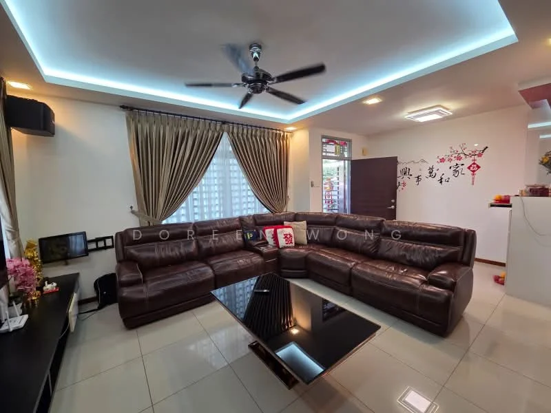 Living features: L-shape sectional leather sofa in brown, glass coffee table, wall-mounted TV, TV console, 5-blade ceiling fan with light, recessed LED downlights, curtains in beige, cream painted walls, tile flooring, decorative wall art, area rug; style: modern.