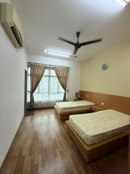 Bedroom features: wooden flooring, white painted walls, sloped ceiling, 5-blade ceiling fan, wall-mounted air conditioning unit, large window with sheer curtains, two single beds with mattresses, wooden headboards, decorative wall clock; style: modern.