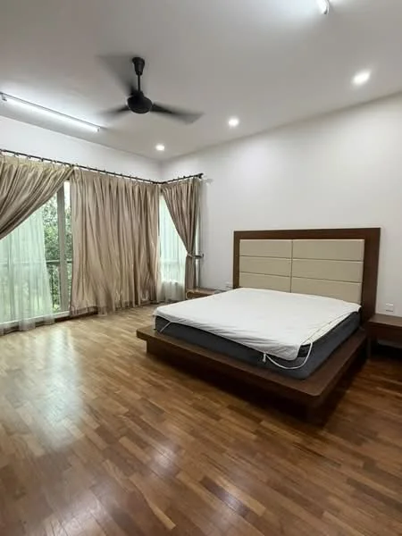 Bedroom features: wooden flooring, white painted walls, ceiling fan, large windows with sheer curtains, upholstered headboard, bed frame with platform, natural light, decorative wall lighting; style: modern; view: garden.
