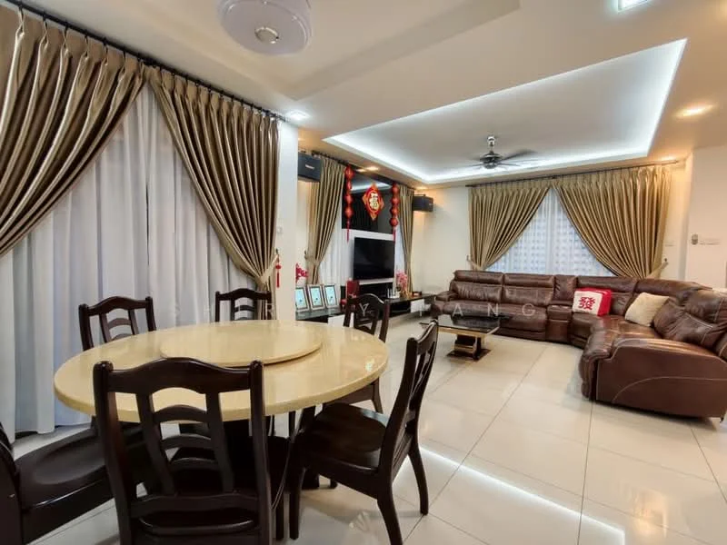 Living features: L-shape sectional sofa in brown leather, round dining table with beige marble top, 4 dining chairs, floor-to-ceiling windows with sheer curtains, recessed downlights, ceiling fan, wall-mounted TV, decorative wall art, tile flooring in cream, curtains in brown with gold accents; style: modern.