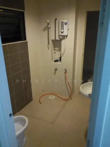 Bathroom features: toilet, shower area, water heater, wall-mounted shower head, tiled walls, ceramic tile flooring, sink, drainage, exposed plumbing, window for ventilation.