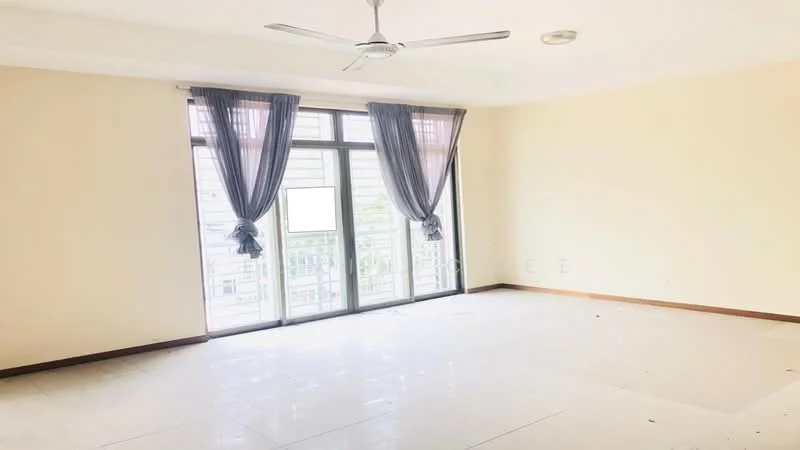Living features: white painted walls, ceiling fan, floor-to-ceiling windows, sliding glass door, sheer curtains, light-colored flooring, balcony access, natural light.