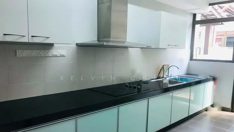 Kitchen features: black granite countertop, white cabinetry with flat-panel design, stainless-steel range hood, built-in cooktop, single-bowl stainless-steel sink, chrome pull-down faucet, grey tiled backsplash, large window for natural light, under-cabinet lighting, floor-to-ceiling cabinetry; style: modern.