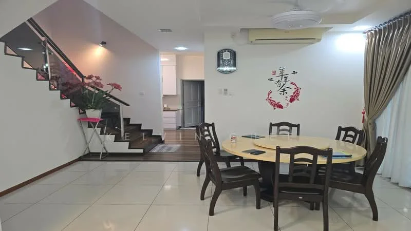 Dining features: round dining table, wooden dining chairs, white tiled flooring, recessed ceiling lights, ceiling fan, decorative wall art, curtains, open staircase, potted plant, wall-mounted clock; style: modern. Room features: white painted walls, wooden staircase, kitchen visible in background.
