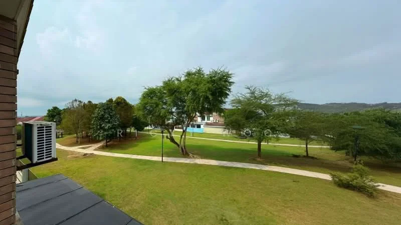 Exterior features: manicured lawn, mature trees, paved walkway, swimming pool visible in background, landscaped garden, open green space.
