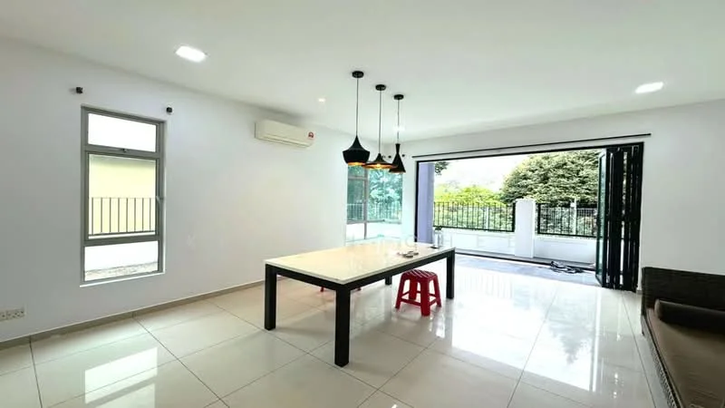 Dining features: white painted walls, glossy ceramic tile flooring, 5-blade ceiling fan with light, large dining table with black legs, red plastic stool, floor-to-ceiling sliding glass door, blackout curtains, air conditioning unit on wall, outdoor view through sliding door; style: modern; view: garden.