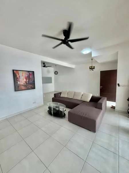 Living features: 3-seater fabric sofa in brown, glass coffee table, wall-mounted artwork, white painted walls, tile flooring, ceiling fan, recessed lighting, door with wooden finish; style: modern.