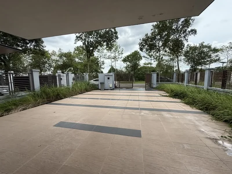 Exterior features: paved driveway, manicured lawn, surrounding greenery, gated entrance, fence, landscape planting, parking area; style: modern.