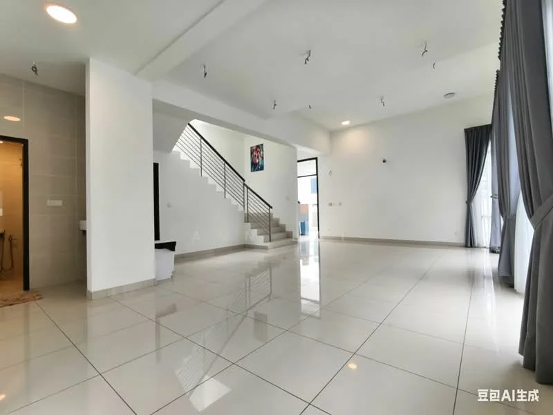 Living features: large open space, white painted walls, grey tiled flooring, recessed downlights, floor-to-ceiling windows, curtains, staircase with metal railing, wall-mounted artwork; style: modern.