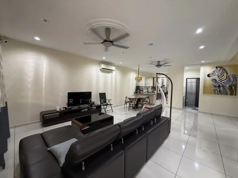 Living features: 3-seater leather sofa in dark brown, coffee table, wall-mounted TV, ceiling fan with light, recessed LED downlights, white painted walls, glossy white tile flooring, decorative wall art with zebra painting, air conditioning unit, open layout to kitchen, dining area visible in background; style: modern. Kitchen features: kitchen island with bar stools, stainless-steel fridge, built-in oven, 4-burner gas hob, white cabinetry, black countertop, pendant lighting over island, open shelving, tile backsplash; style: modern.