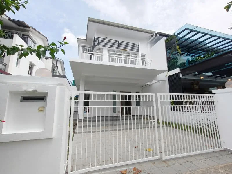 Exterior type: detached bungalow; features: white painted facade, flat roof, 2-storey building, manicured lawn, paved walkway, fenced perimeter with gate, balcony on upper floor, glass awning, outdoor seating area, landscaped garden; style: modern.