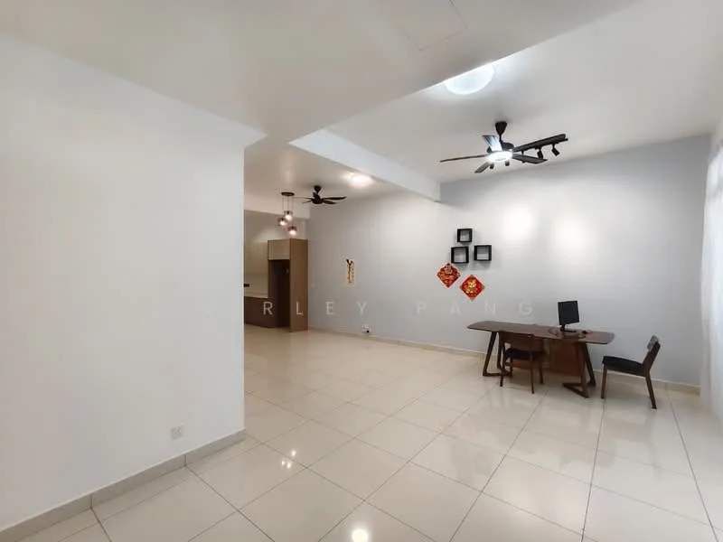 Living features: white painted walls, glossy ceramic tile flooring, ceiling fan with light, recessed downlights, wall-mounted desk, wooden dining table, single chair, decorative wall art, large windows with natural light; style: modern. Kitchen features: open kitchen layout, brown cabinetry, countertop, stainless-steel appliances; style: modern.