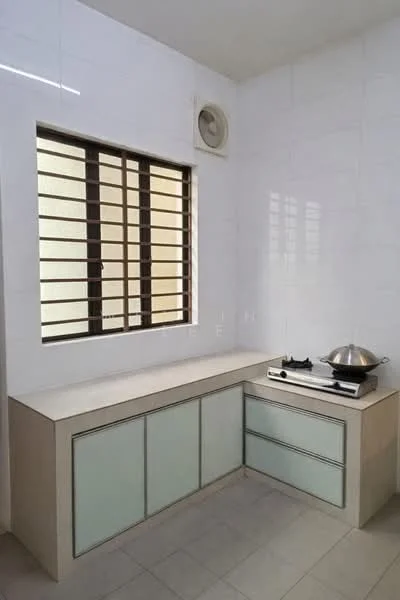Kitchen features: white tiled walls, light grey countertop, built-in cabinetry with glass panels, gas stove with stainless-steel pot, window with horizontal bars, wall-mounted air conditioning unit, ceramic tile flooring; style: modern.