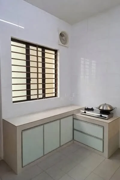 Kitchen features: white tiled walls, light grey cabinetry with glass fronts, countertop with integrated sink, built-in gas stove, exhaust fan, window with horizontal bars, ceramic tile flooring, corner layout; style: modern.