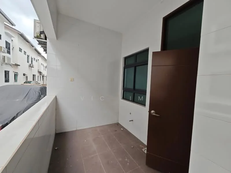 Room features: white tiled walls, brown wooden door, grey tiled flooring, large window, unfurnished space, no visible furniture, open layout, exposed electrical outlet; style: modern.