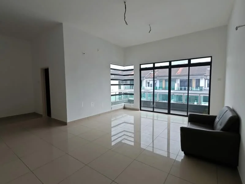 Living features: white painted walls, glossy tile flooring, floor-to-ceiling windows, sliding glass door, natural light, one grey leather sofa, ceiling with exposed wiring, open layout; style: modern; view: garden.
