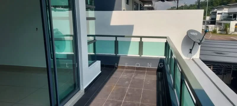 Room features: glass balcony railing, grey tiled flooring, sliding glass door, exterior wall with white paint, exterior wall with dark paint, satellite dish, open view, balcony space; style: modern.