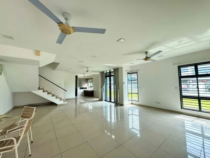 Living features: white painted walls, glossy ceramic tile flooring, 5-blade ceiling fan with light, large floor-to-ceiling windows, sliding glass door, natural light from windows, open layout, recessed ceiling lights; style: modern; view: garden. Dining features: white painted walls, glossy ceramic tile flooring, 5-blade ceiling fan with light, large floor-to-ceiling windows, sliding glass door, natural light from windows, open layout, recessed ceiling lights; style: modern; view: garden.