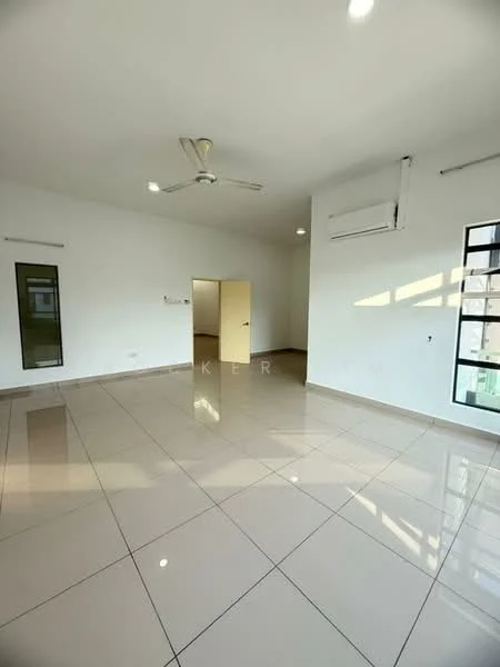 Room features: white painted walls, glossy ceramic tile flooring, 5-blade ceiling fan, 2 wall-mounted split AC units, large windows with black frames, natural light from windows, neutral color scheme, high ceiling; style: modern; view: city.