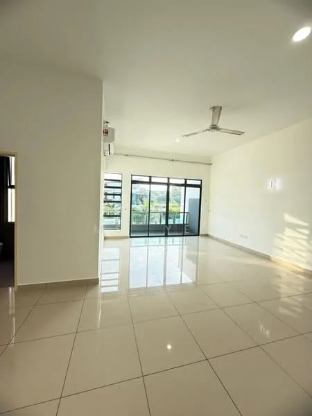 Living features: white painted walls, glossy ceramic tile flooring, 5-blade ceiling fan with light, floor-to-ceiling windows, sliding glass door, natural light from windows, air conditioning unit, neutral color scheme; style: modern; view: garden.