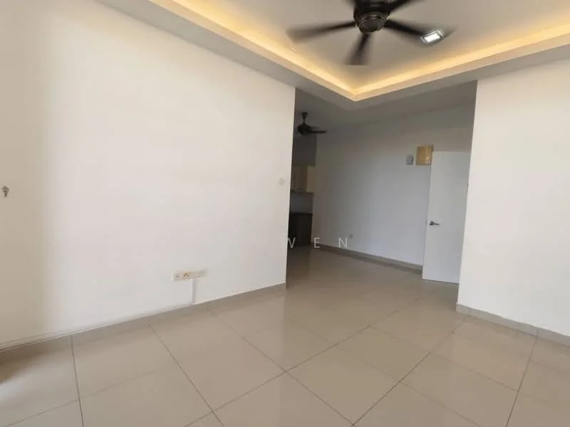 Room features: white painted walls, cream ceiling with recessed lighting, light-colored floor tiles, ceiling fan, open layout, doorway leading to another room, kitchen area visible in background; style: modern.