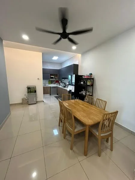 Dining features: rectangular wooden dining table, 4 wooden dining chairs, polished ceramic tile flooring, white painted walls, ceiling fan, recessed ceiling lights, open layout to kitchen, kitchen cabinetry visible in background; style: modern.