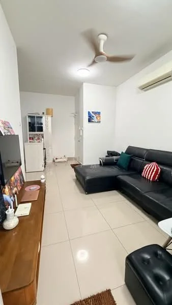 Living features: black leather sectional sofa, 3-seater sofa, coffee table, TV console, wall-mounted TV, area rug, white painted walls, recessed ceiling lights, ceiling fan, air conditioning unit, tile flooring, decorative wall art, window with sheer curtains; style: modern.