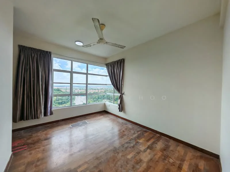 Room features: wooden flooring, white painted walls, ceiling fan, floor-to-ceiling windows, curtains, city view, natural light, light fixture; style: modern; view: city.