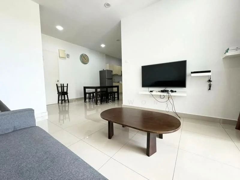 Living features: grey fabric sofa, wood coffee table, wall-mounted TV, white painted walls, glossy tile flooring, recessed lighting, clock on wall, open layout to dining area, sliding door to kitchen, decorative shelf; style: modern. Dining features: 4-seater dining table, black wooden chairs, white painted walls, glossy tile flooring, recessed lighting; style: modern. Kitchen features: grey cabinetry, stainless-steel fridge, open layout to living area, white walls, glossy tile flooring; style: modern.
