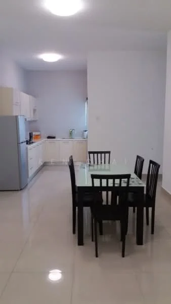 Kitchen features: white cabinetry, stainless-steel fridge, built-in oven, ceramic cooktop, single-bowl stainless-steel sink, chrome pull-down faucet, white tiled backsplash, grey countertop, dining table with black chairs, recessed ceiling lights, polished tile flooring, window with natural light; style: modern.