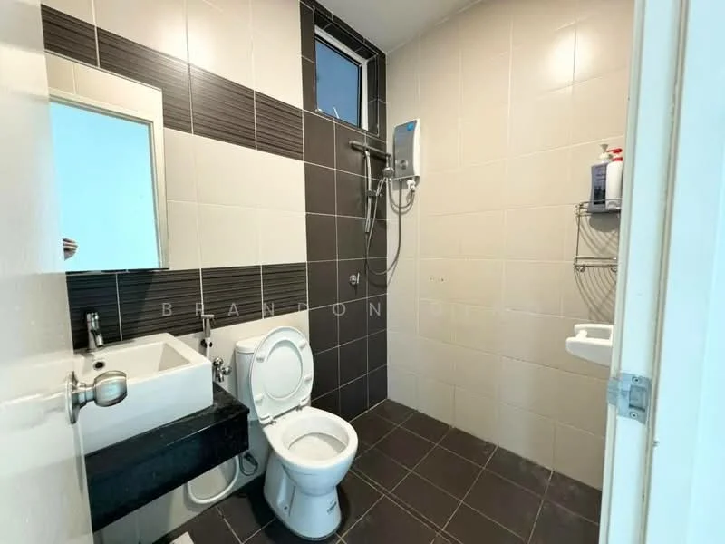 Bathroom features: white tiled walls, dark grey tiled flooring, single-sink vanity with black countertop, one-piece toilet, shower with wall-mounted water heater, framed mirror, wall-mounted shelf, window for natural light; style: modern.