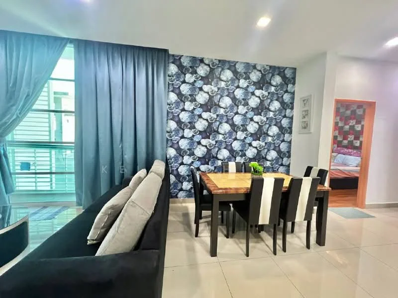 Dining features: 6-seater dining table, black dining chairs, wooden dining table, blue floral wallpaper, grey curtains, white walls, tile flooring, decorative wall art; style: modern. Living features: black fabric sofa, decorative cushions, glass coffee table, tile flooring, white walls, natural light from windows; style: modern.