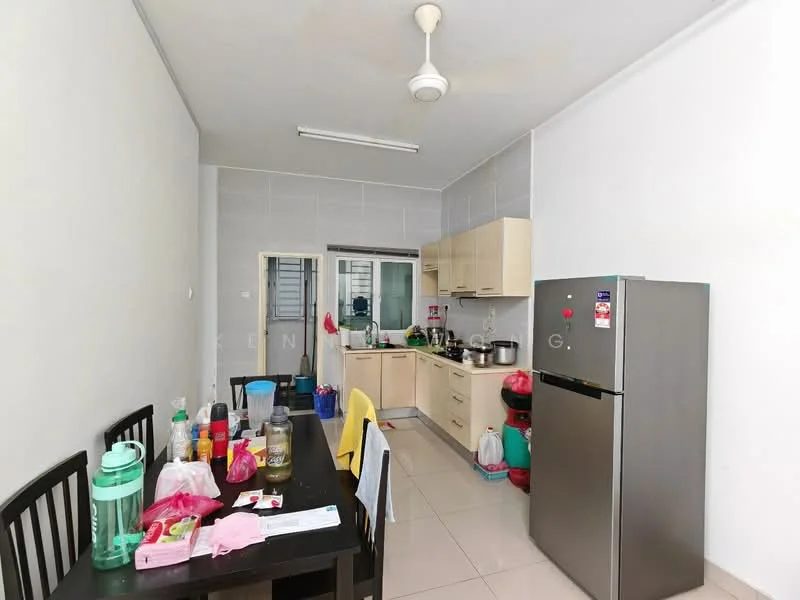 Kitchen features: white painted walls, ceramic tile flooring, ceiling fan, kitchen cabinets with light wood finish, stainless-steel fridge, built-in stove, kitchen sink, countertop with space for appliances, dining table with black chairs, various kitchen utensils and containers on the table, window for natural light; style: modern.