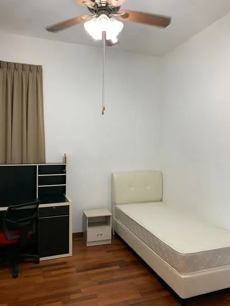 Bedroom features: single bed, upholstered headboard, wooden flooring, ceiling fan with light, desk with storage, office chair, curtains, nightstand.
