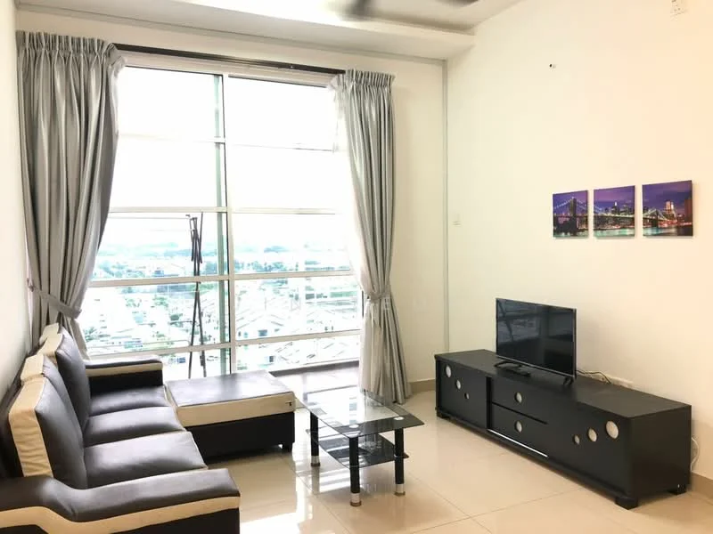 Living features: 3-seater fabric sofa in dark brown, chaise lounge, glass coffee table, black TV console, wall-mounted TV, floor-to-ceiling windows, sheer curtains, white painted walls, polished ceramic tile flooring, ceiling fan with light, decorative artwork on wall; style: modern; view: city.