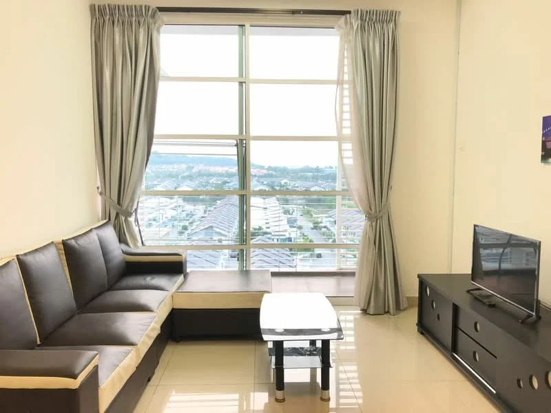 Living features: 3-seater fabric sofa in dark brown, coffee table with glass top, TV console in black, wall-mounted TV, floor-to-ceiling windows, sheer curtains, glossy tile flooring, city view; style: modern; view: city.