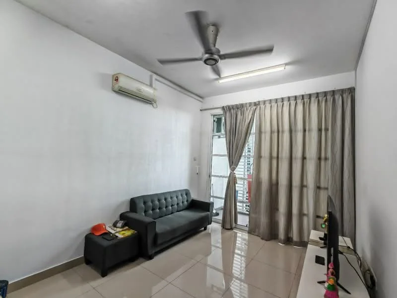 Living features: white painted walls, glossy tile flooring, 5-blade ceiling fan with light, floor-to-ceiling windows, sheer curtains, blackout curtains, green fabric sofa, coffee table, TV console, wall-mounted TV, decorative items on table; style: modern.