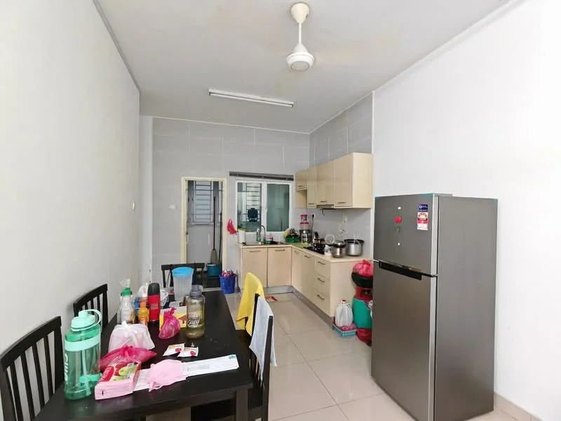 Kitchen features: cream cabinetry, stainless-steel fridge, built-in oven, 4-burner gas hob, single-bowl stainless-steel sink, chrome pull-down faucet, white tiled backsplash, ceramic tile flooring, ceiling fan, dining table with black chairs, various kitchen utensils and containers, window with view to outside; style: modern.