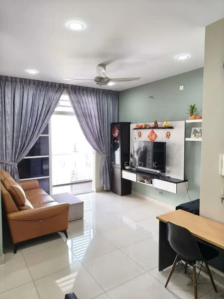 Living features: 3-seater leather sofa in brown, coffee table, TV console, wall-mounted TV, recessed downlights, 5-blade ceiling fan, floor-to-ceiling windows, sheer curtains, white tiled flooring, decorative wall with TV unit, decorative items on TV unit, open layout to balcony; style: modern; view: city.